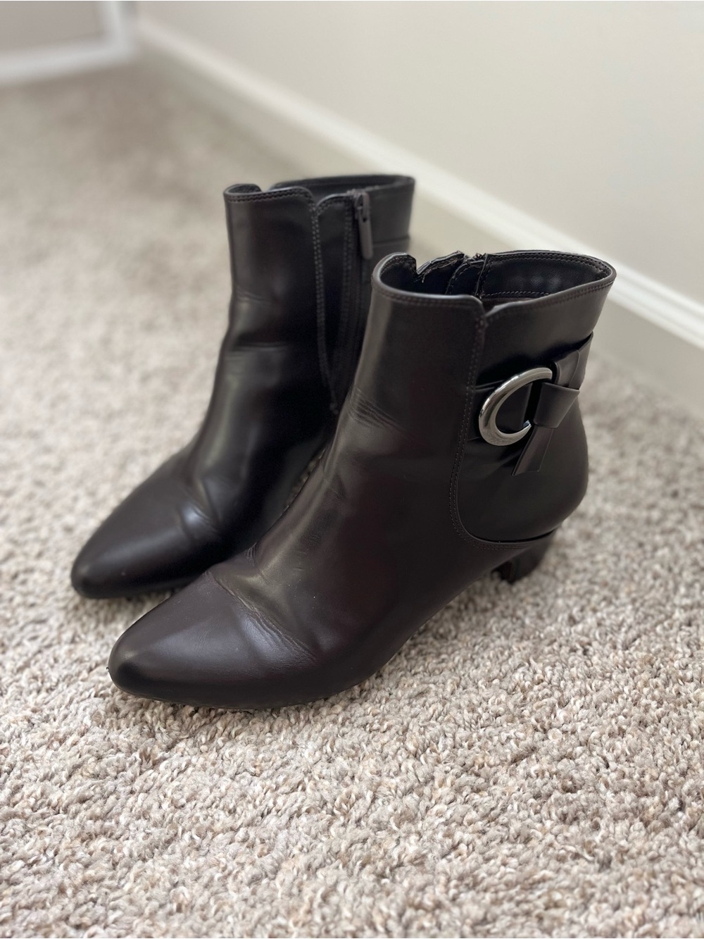 Geneva Black Leather Ankle Booties with Side Buckle Detail